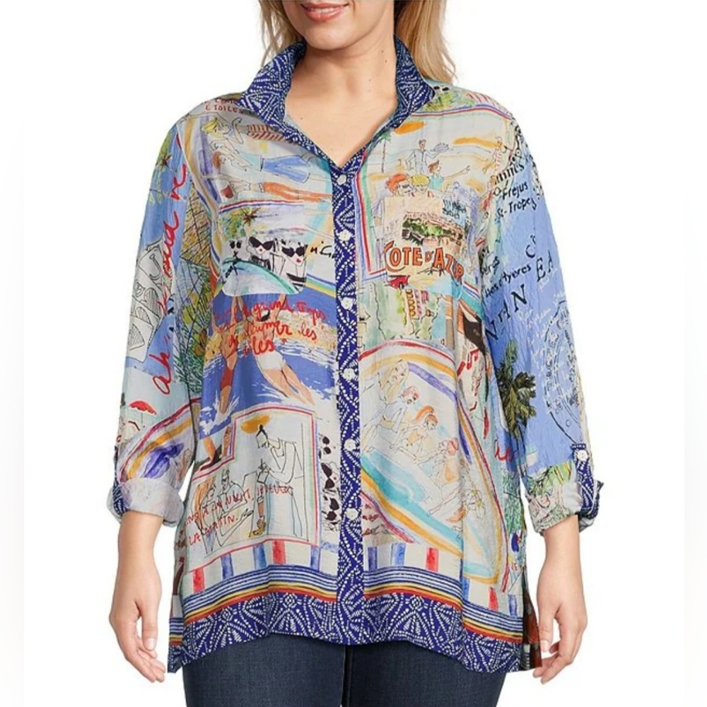 John Mark Woven Novelty Print Wire Collar 3/4 Roll-TabSleeve Button-Front Tunic